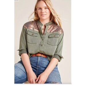 Anthropologie Army Green Sequin Utility Button Down Shirt | 16W